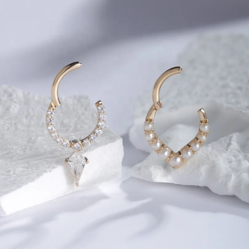 Giometal 14K Solid Gold Pearls Daith Septum Clicker ear piercing Nose body jewelry Wholesale Seamless Hinged Segment Ring