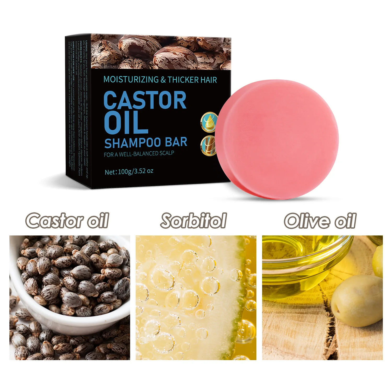 100g Castor Oil Soap Shampoo Deep Cleansing and Moisturizing Nourishing Hair with Foaming Mesh Solid Form