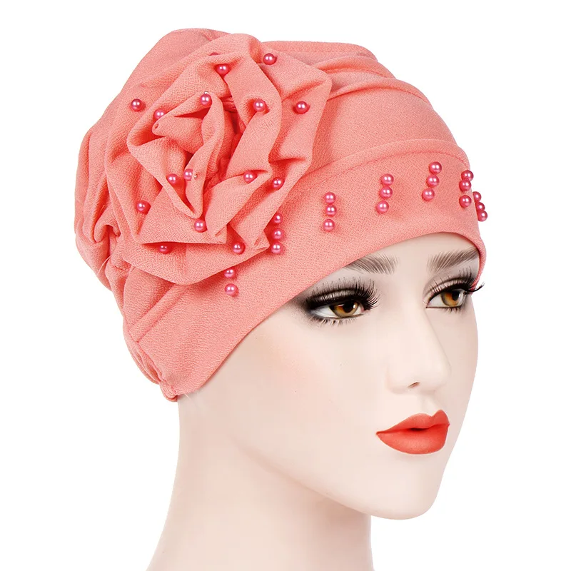 Fashion muslim headwear hair accessories pearls beaded flower turban women hijab cap