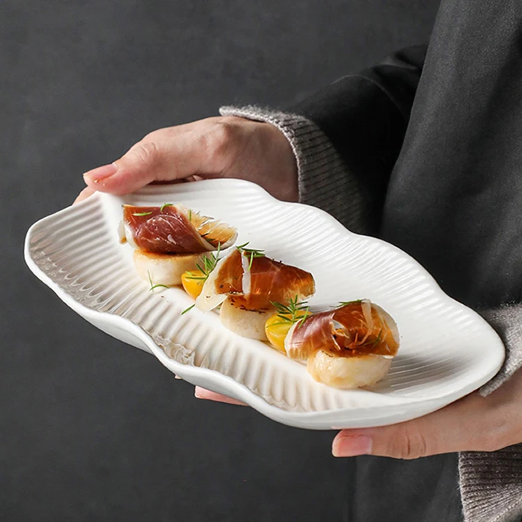 Nordic Ins style white Ceramic feather banana leaf plate porcelain sushi dessert plate barbecue Tray hotel tableware