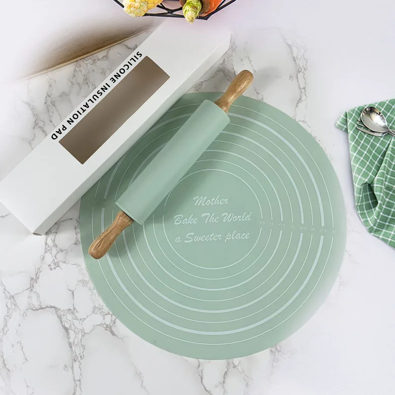 Kitchen Accessories Baking Tools set of silicone rolling pin Wooden Handle with round Mat