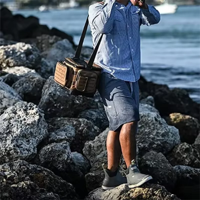 Maritime Angling Essentials Harness Strap Tackle Tote in Rich Chestnut Ebony Accents for Salt Freshwater Expeditions