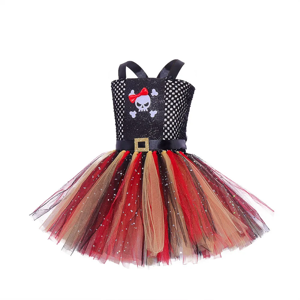 Hot Sale Caribbean Halloween Red Pirate Bubble Dress Cosplay Black Suit Costumes Carnival Party for GIRL