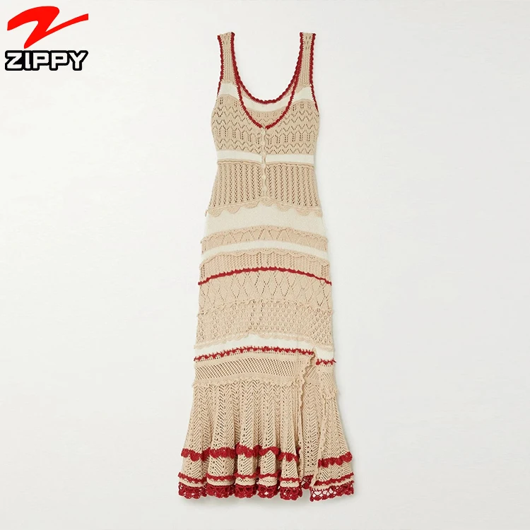 Fashion Custom Lady Sleeveless Striped Pointelle-Knit Stretch-Cotton Mermaid Side Slit Design Women Casual Midi Dress