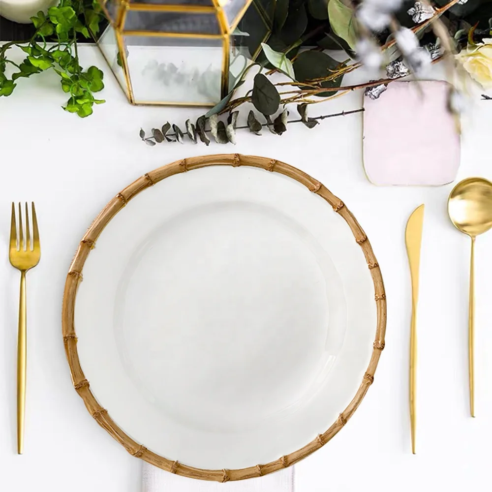 BLAIS brown round tableware dish table setting ceramic porcelain bamboo rim  plates sets dinnerware wedding