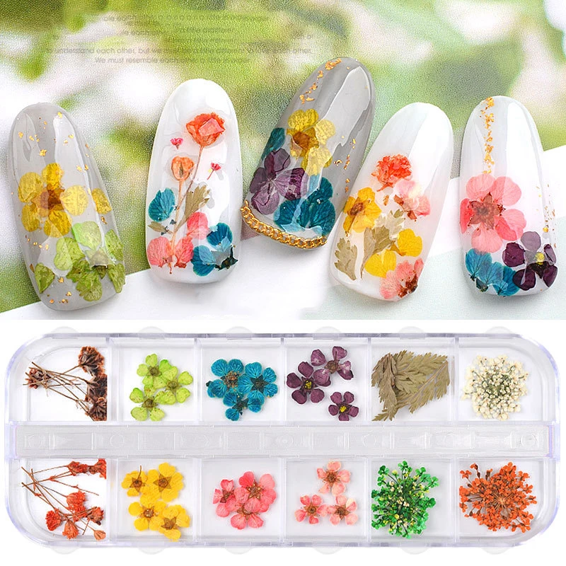 Real Natural Dry Flowers 3D Art Sticker For Nails Decals Charms Nail Decorations