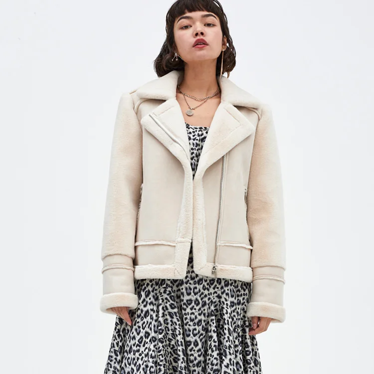 Casual Fashion Lapel Beige Black Color Women Faux Fur Coat Suede Leather Coat Jacket