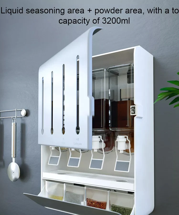 Multifunctional Plastic Kitchen Oil Liquid Seasoning Dispenser Wall Mounted Faucet Condiment Storage Box Spice Rack Organizer