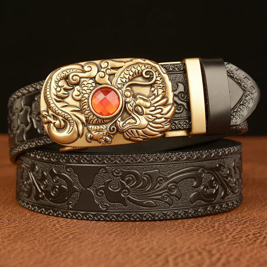 Genuine Leather Belts For Men Dragon Rhinestone Bead Automatic Buckle Belt Cowhide Designer Mens Belts