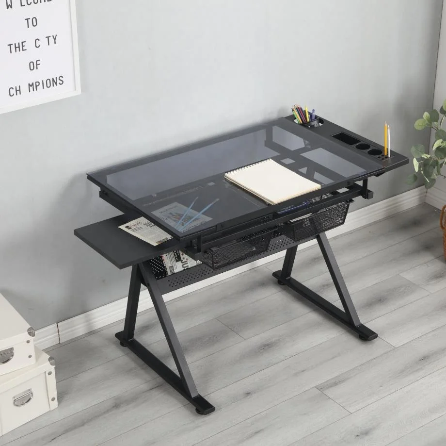 Glass Top Art Craft Desk  Draft  Drawing Table With Vice Drafting Desk