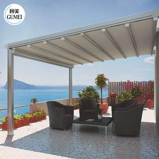2021 In Stock Waterproof Metal Retractable Shade System Canopies With Outdoor Fabric