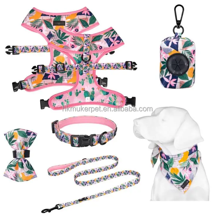 Hot customized printed pattern six-piece set outdoor sports adjustable collar leash neoprene harness poop bags cute bowtie