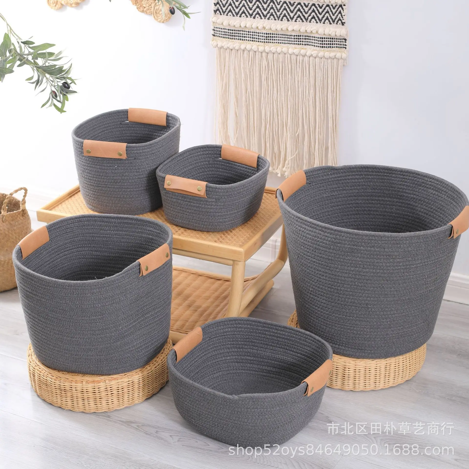 Wholesale Decorative fashion foldable Woven Laundry Cotton Rope storage Basket with Leather Handles