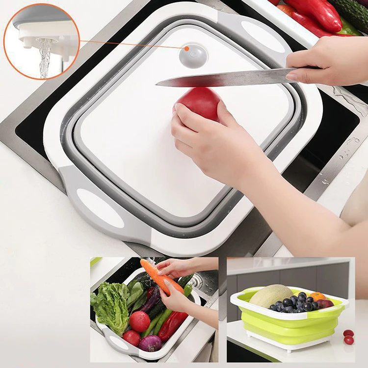 Kitchen Supplies Collapsible Vegetable Fruit Wash Drain Silicone Cutting Basket Portable Multifunction Foldable Chopping Board