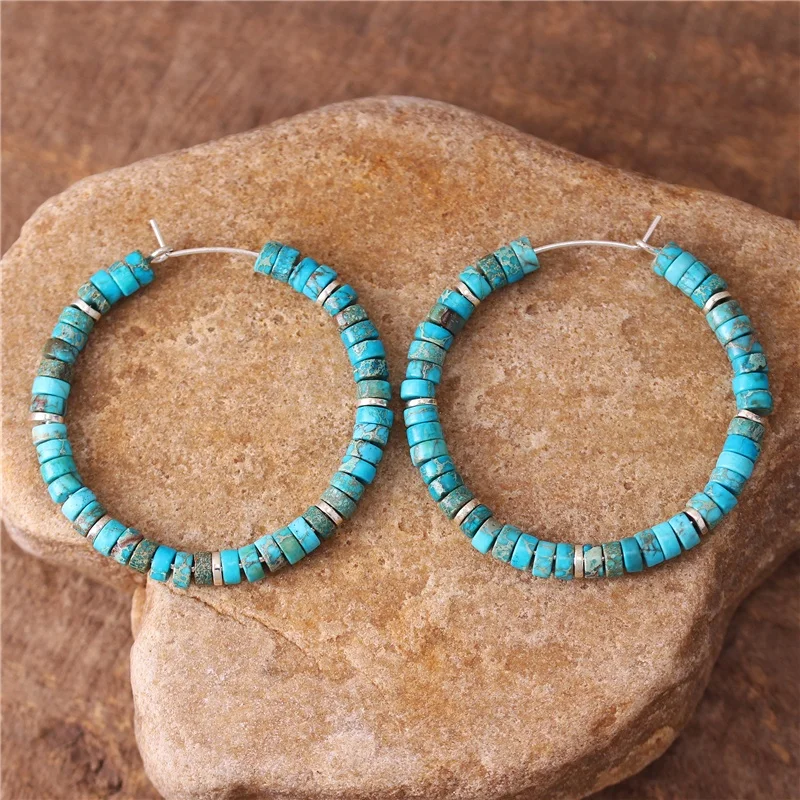 Bohemia 2x4mm Tile Natural Stone Jasper Beads Hoop Earrings Tibetan Gemstones Jasper Beaded Dangle Earrings for Women Wholesale