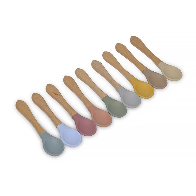 Food Grade BPA Free Non Toxic Easy to Clean Bamboo Wooden Silicone Baby Feeding Kids Children Fork Spoon Dishwasher Safe