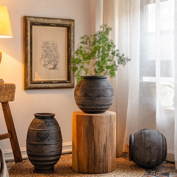 Rustic style home garden decoration black flower pots larger indoor outdoor terracotta plant flower pot