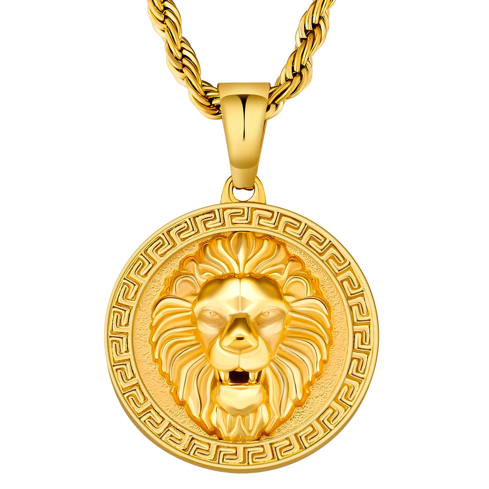 Customized Design Lion Compass Jesus Charm 18K Gold Plated Stainless Steel Jewelry Men Women Rope Chain Coin Pendant Necklace