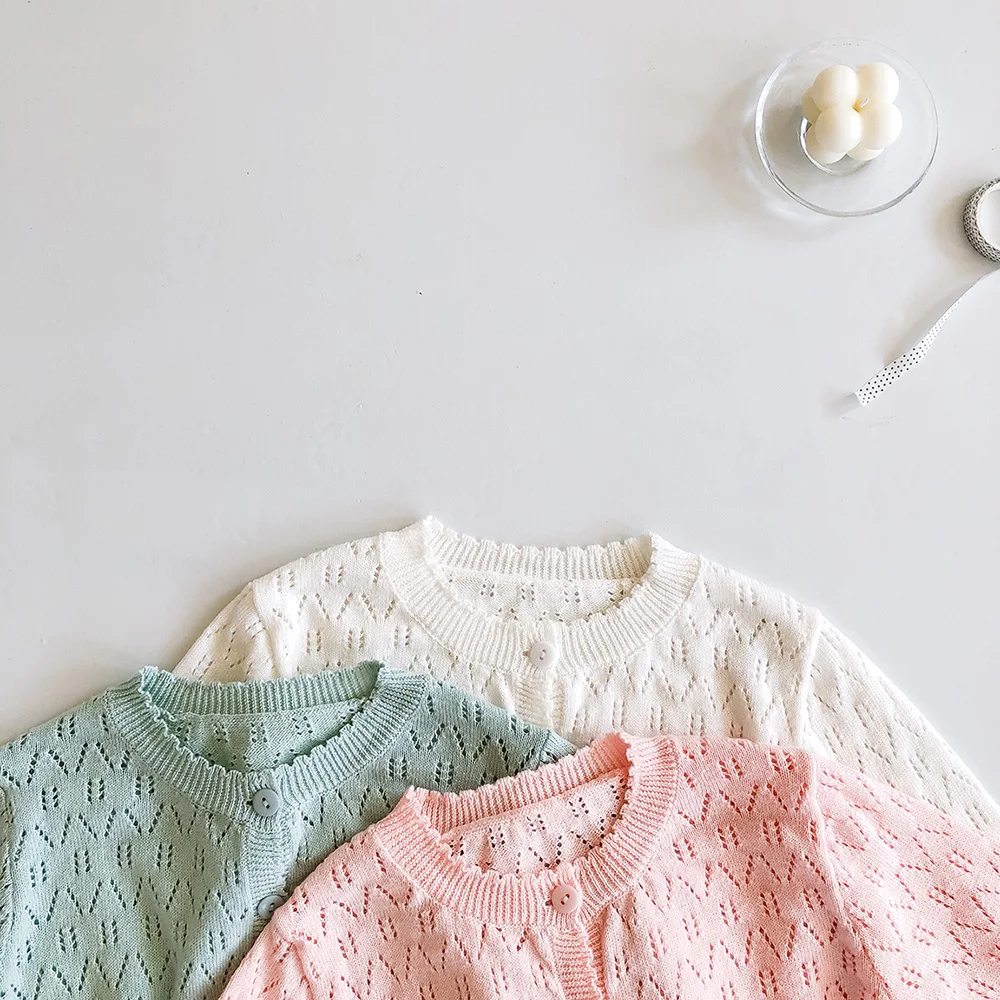 
Spring Summer New Sweet Princess Solid Color Newborn Baby Clothes Sweater Long Sleeve Knitted Hollow Coat 