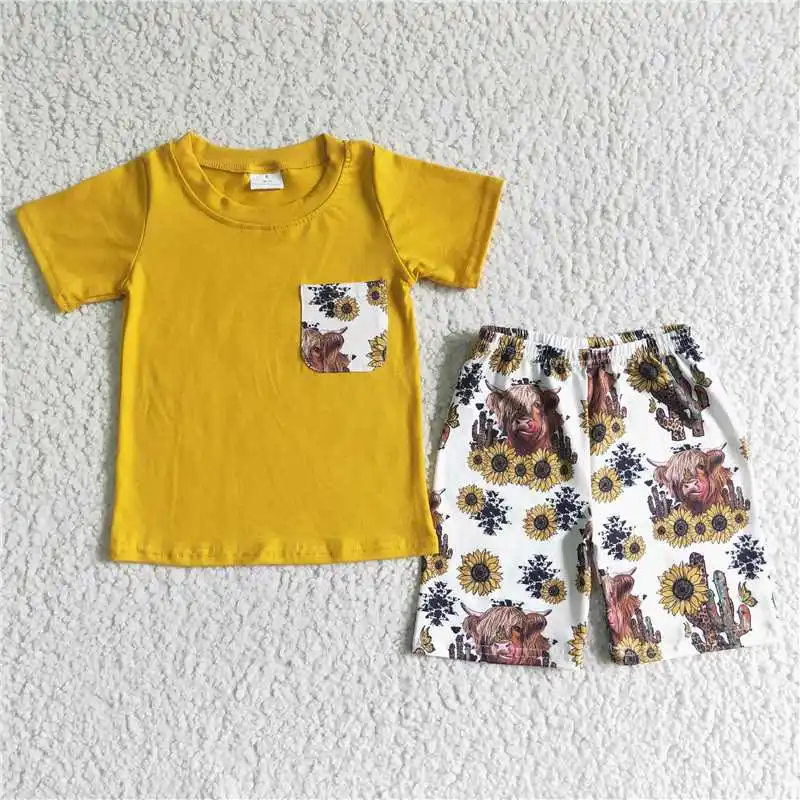 2022 Baby Western Boy New Design RTS Yellow Short Sleeves Shirt White Sunflowers Print Shorts Hot Selling Daily Wearing Fashion