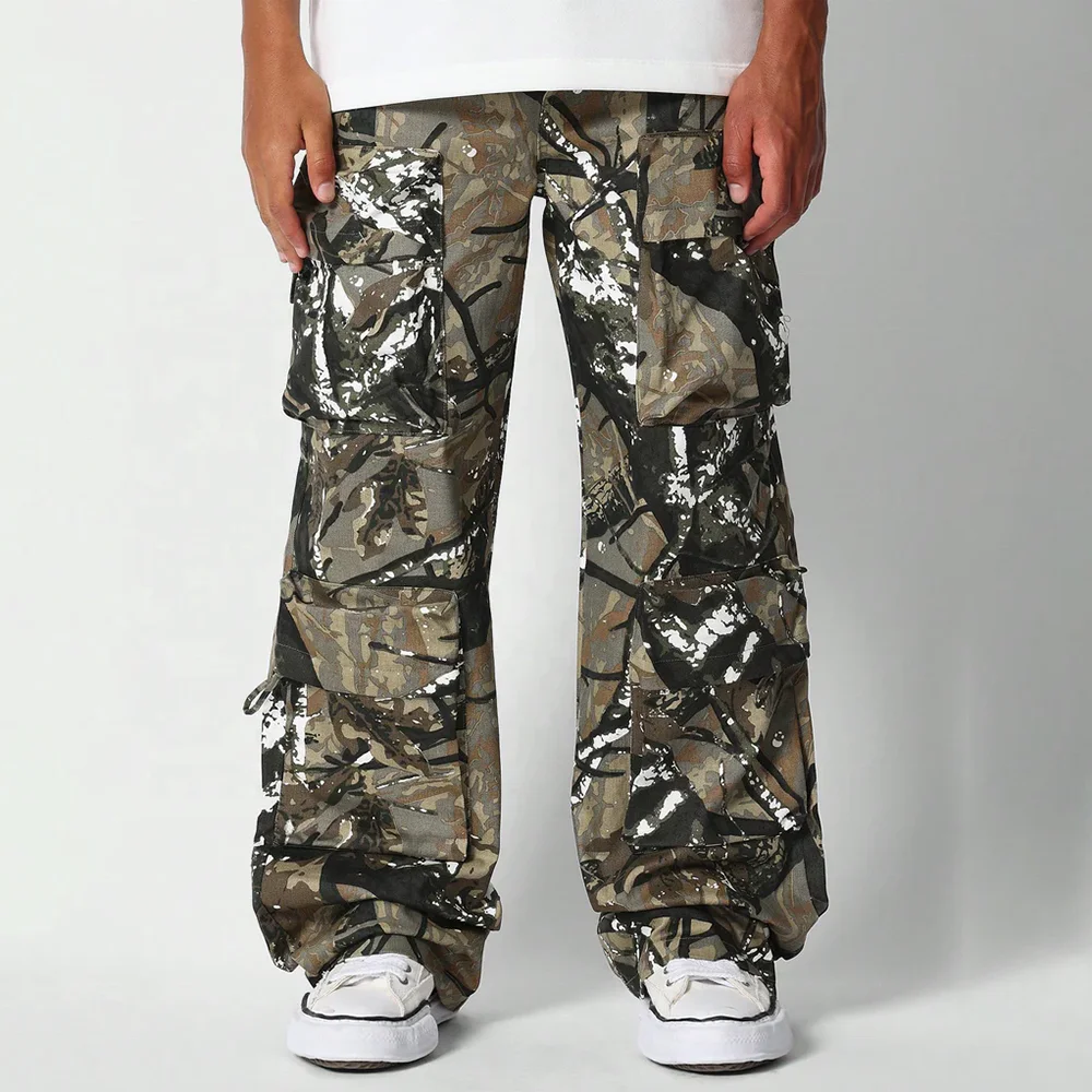 Rainbow Spray High Quality Manufacturer Custom Men Loose Fit Cargo Pants With Camo Print Street Style Wide Leg Men Cargo Pants