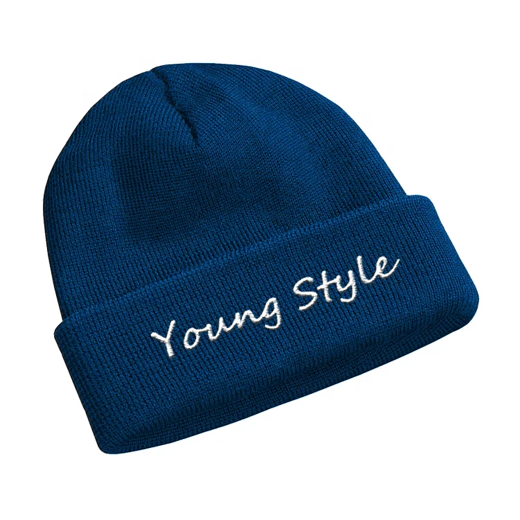 Custom Unisex Long Ribbed 100% Acrylic Cuffed Knitted Beanie Hat with Embroidery