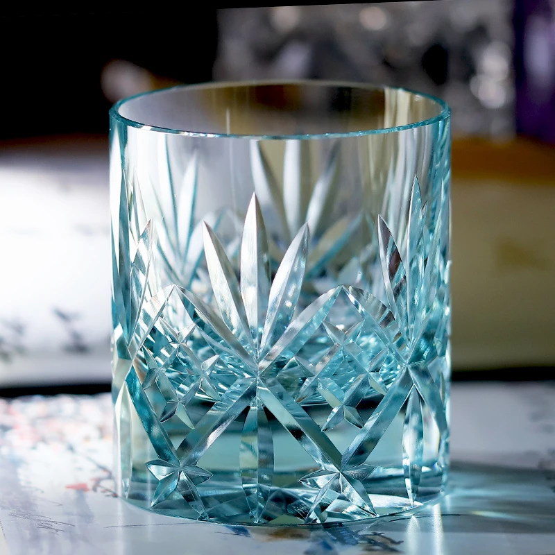 220ml K9 Wathet Crystal Glass Whiskey Tumbler With Hand Cutting Japanese Bamboo Leaves Design Old Fashioned Glass Green