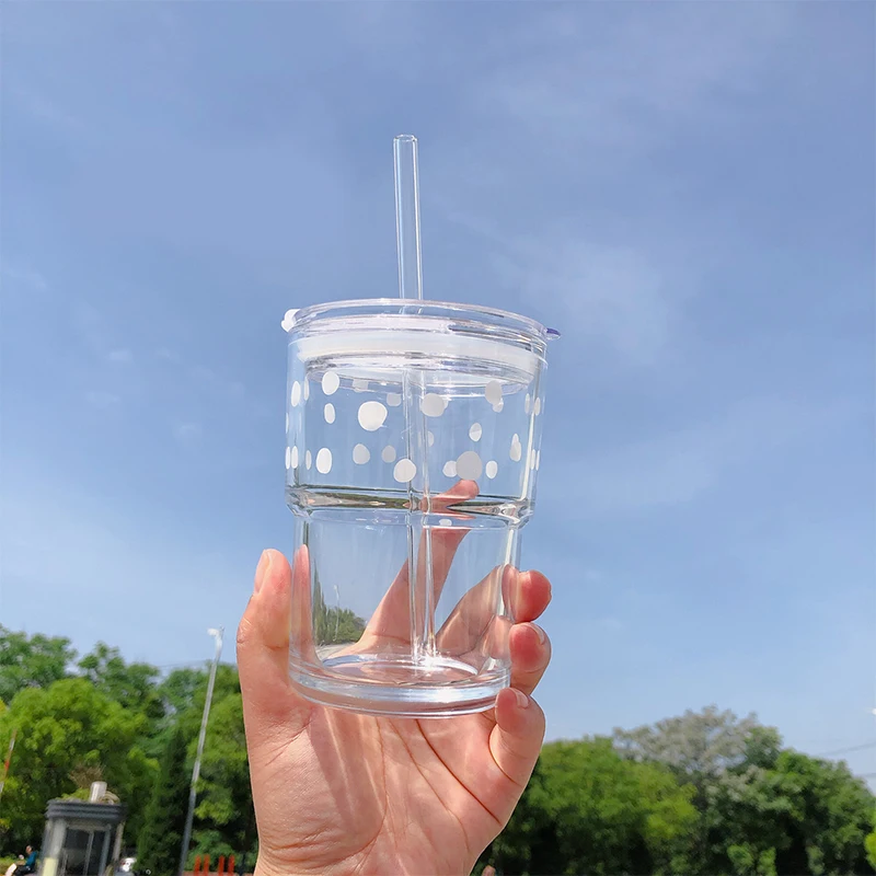 Borosilicate Glass Drinkware Insulated Coffee Cups  with Straw and Lid Glass Double Wall Glass Tumblers with Straw