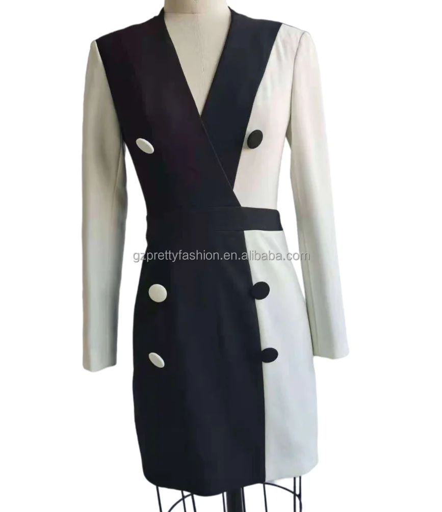 
Wholesale sexy Fashion v-neck Black/ white Office Women Party Dresses Custom long sleeve buttons suit dresses for mature women 