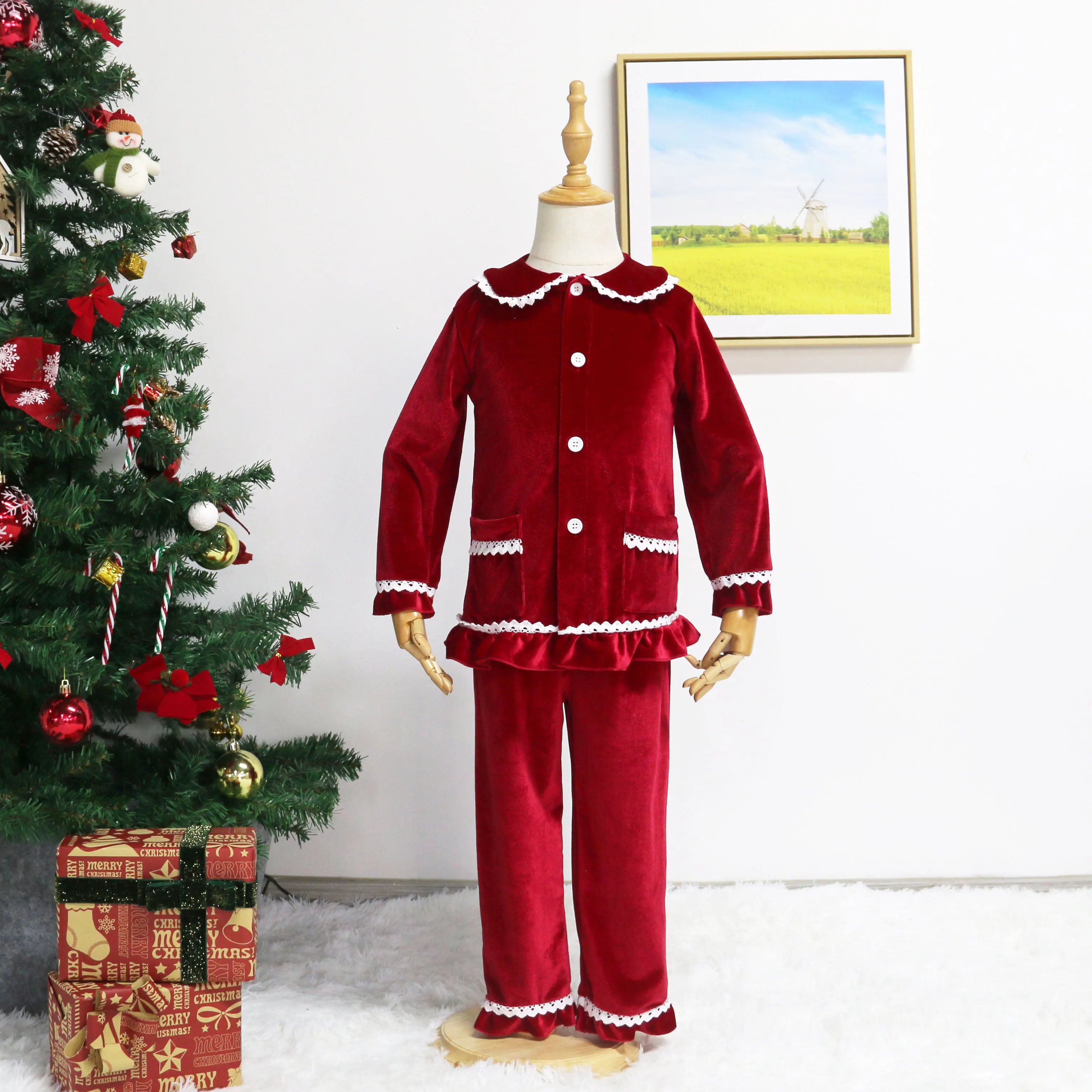 Lanye hot sale family matching set Christmas pyjamas red velvet women men adult pajamas