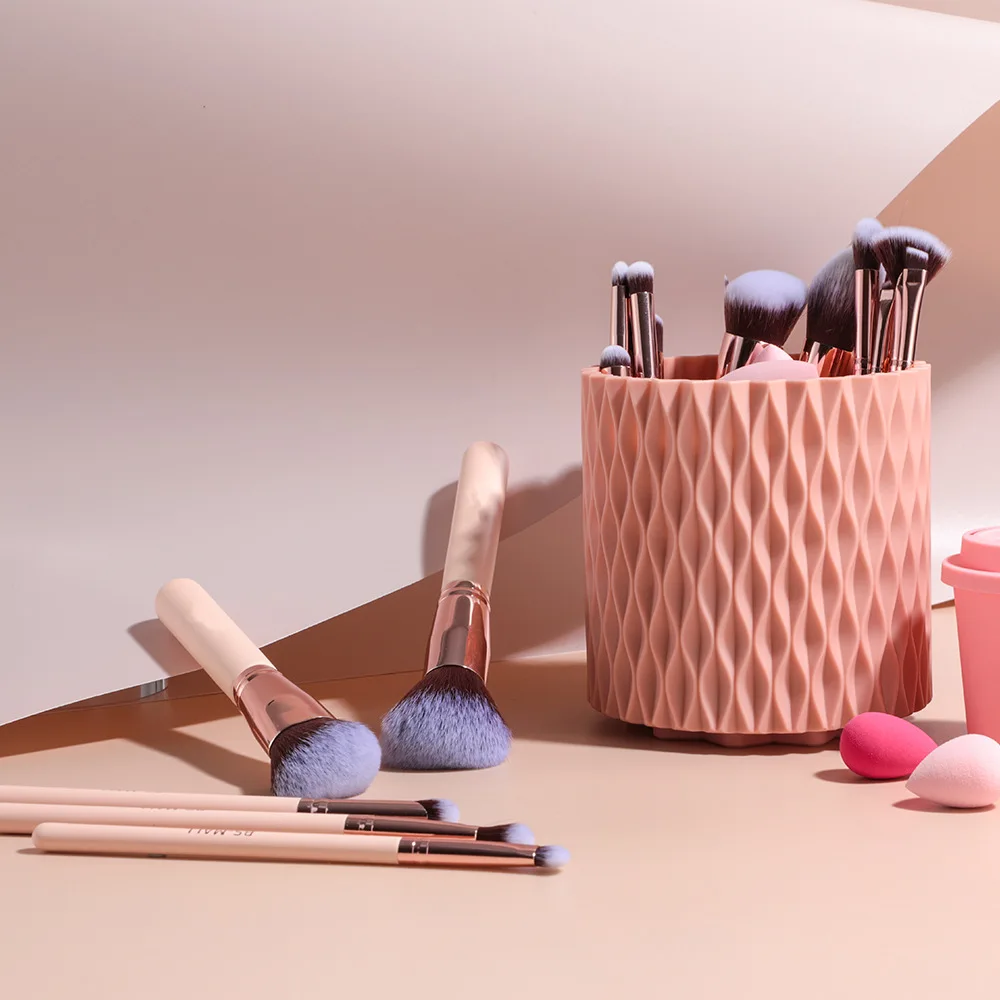 Factory Premium Synthetic Pink Kabuki Wood Makeup Brush Sets with holder & kits 18 Pcs and 5 Sponge & Holder Sponge Case