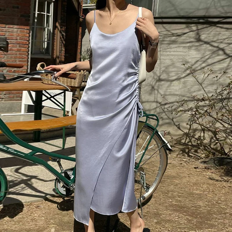 Wholesale 2023 Korean Summer French Elegant Square Neck Pleated Drawstring Lace Up Bowknot Pearly Blue Strap Dress