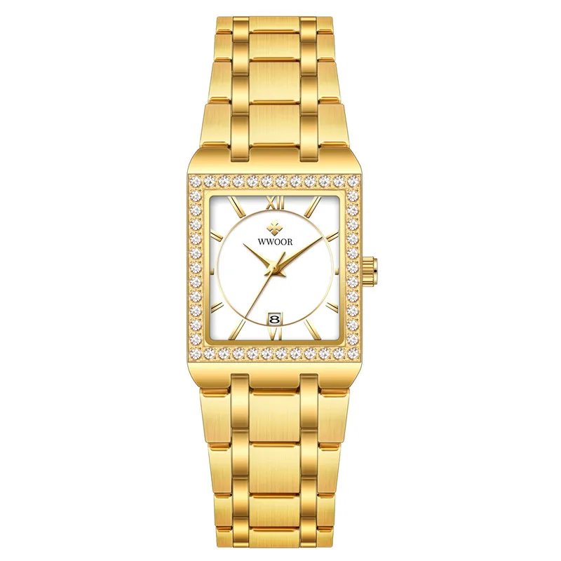 New Trendy Luxury Brand Quartz Wristwatches Womens Elegant Stainless Steel Band Diamond Dial Watches Class Square Watches Ladies