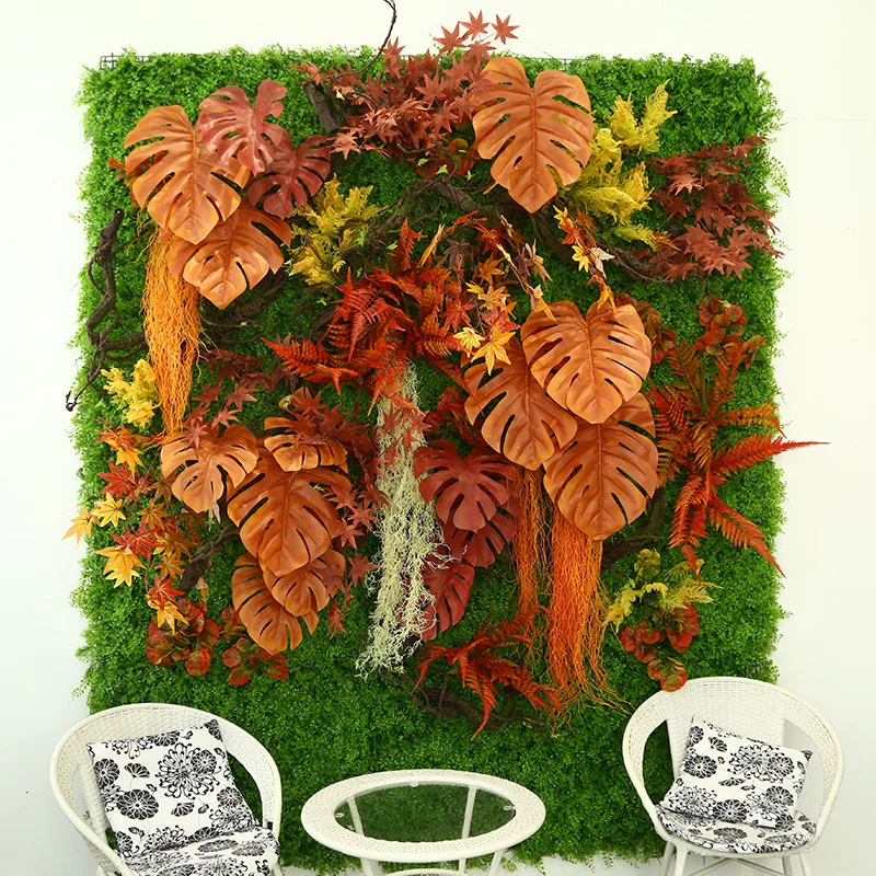 Customized Wedding Backdrop Pink Rose Orange Leaves Wall Hanging Plastic Ferns Artificial Vertical Garden Wall Plant