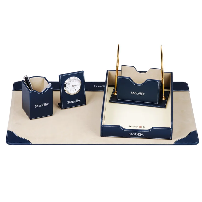 Arabic Navy Blue Executive Office Leather Desktop Stationery Desk Set 5pcs