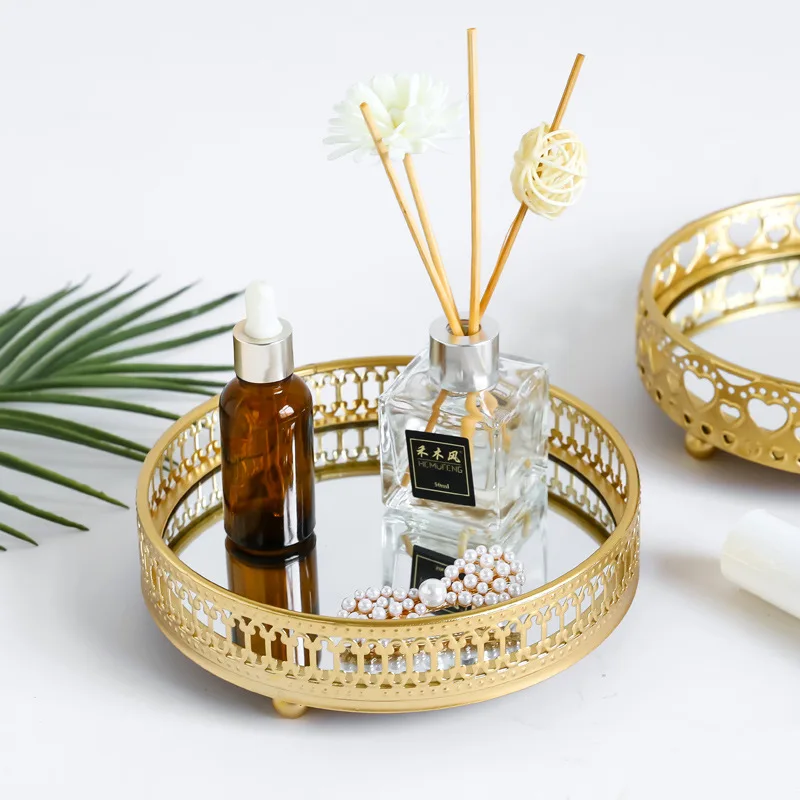 home decor luxury Key Cosmetics storage box metal tray desktop decoration glass mirror jewelry plate gold Storage Tray
