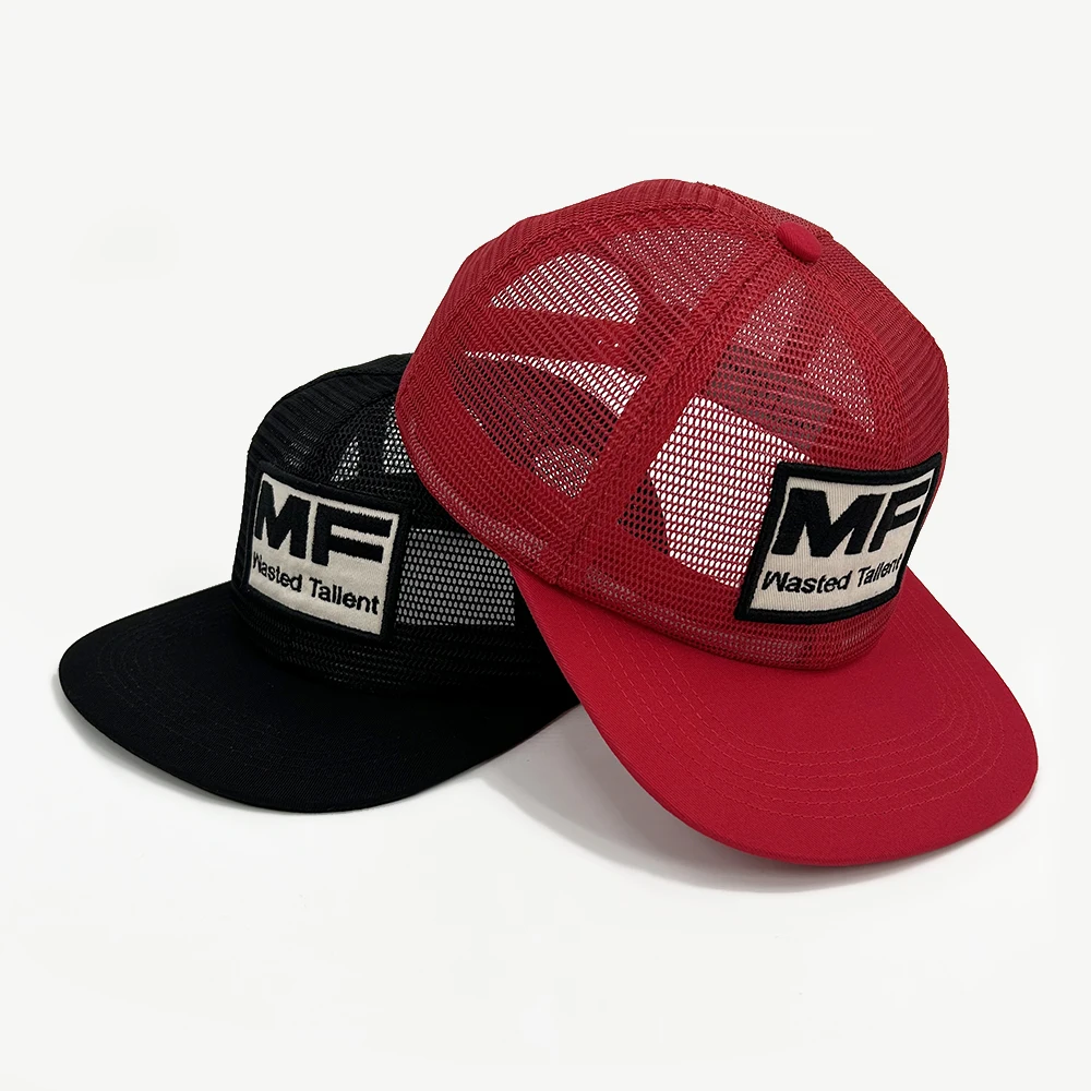 Custom Logo 6 Panel Full Mesh Cap Hats Unstructured Snapback Flat Brim Mesh With Embroidery Patch Trucker Caps