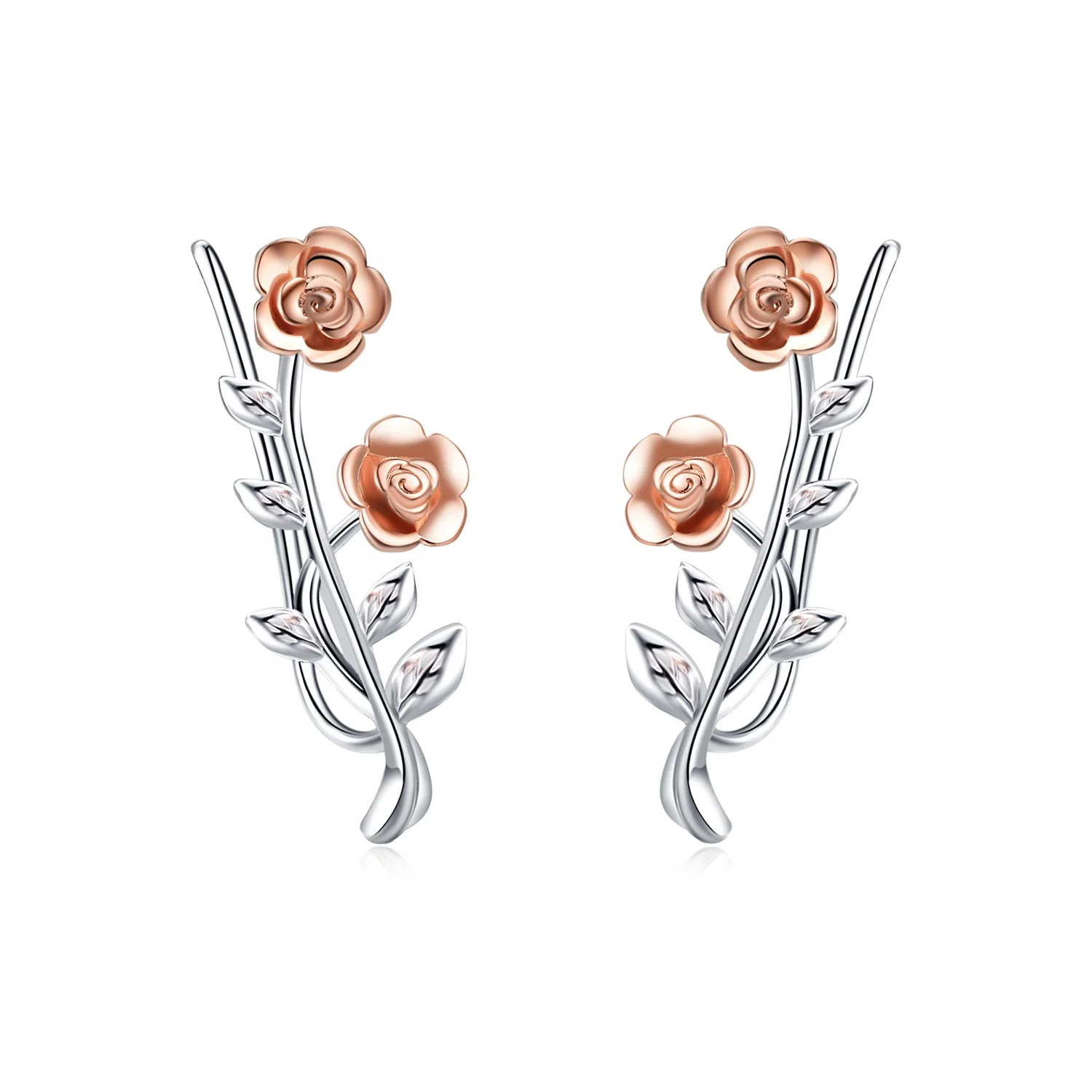 Ear Crawler Earrings Sterling Silver Rose Gold Plated Roses Flower Ear Cuffs Wraps Climber Jackets Stud Earrings
