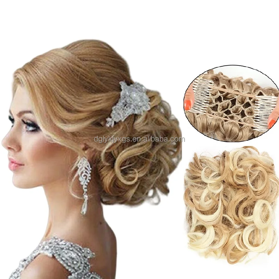 Wholesale Synthetic Short Curly Chignon Comb Clips in Hair Extensions Hair Bun Elastic Rubber Band Kinky Curl for women hair