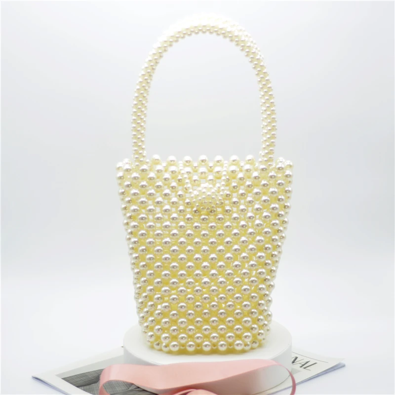 
Luxury Korea Fashion Top Quality Handmade Pearl Beaded Clutch Tote Bag Pearl Bucket Stone Bag Wedding Evening Handbag 