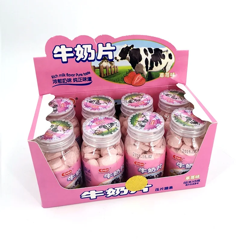 Sweet taste strawberry flavor crispy chewable  pressed milk tablet candy for kids