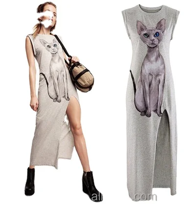 
Wholesale Sexy cat printed maxi cotton long casual women dress 