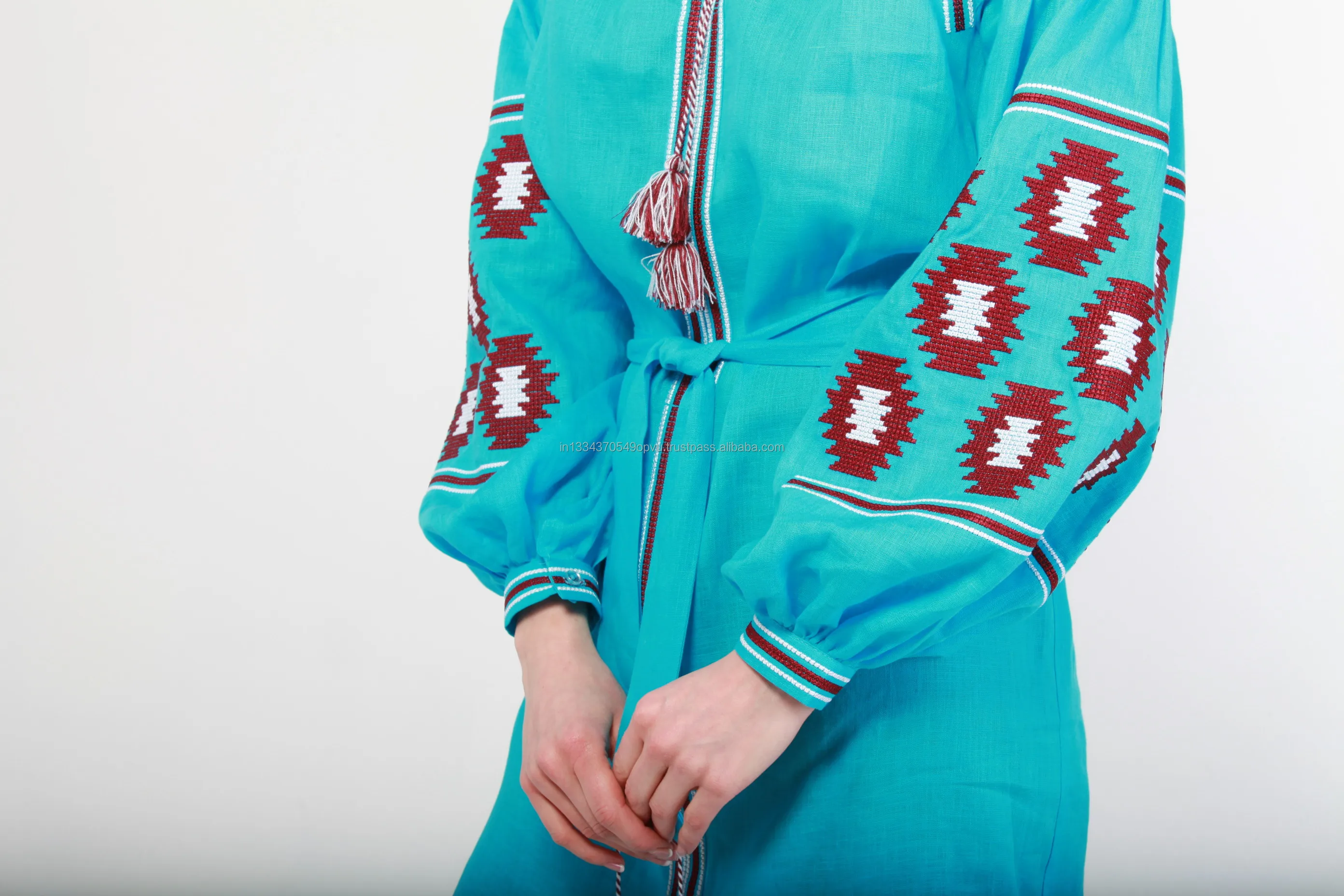 Hot Selling Exclusive Design Modern Fashion Sky Blue Women Long Dress Custom Embroidery Exquisite Patterns Hot Ukrainian Dress