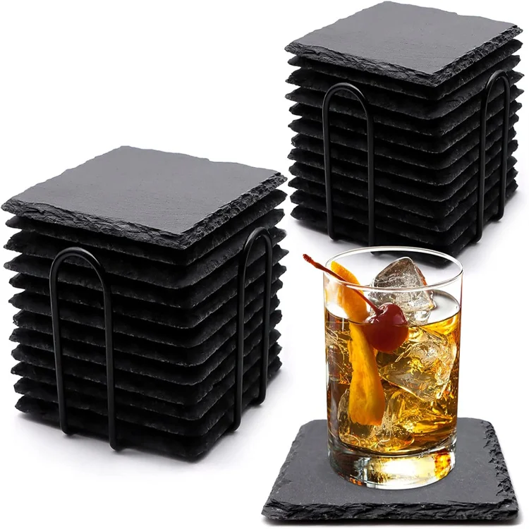 Slate Coasters Bulk Round Black Absorbent Square Blank Wholesale Beer Cup Stone Coffee Custom Drink Slate Coasters With Holder