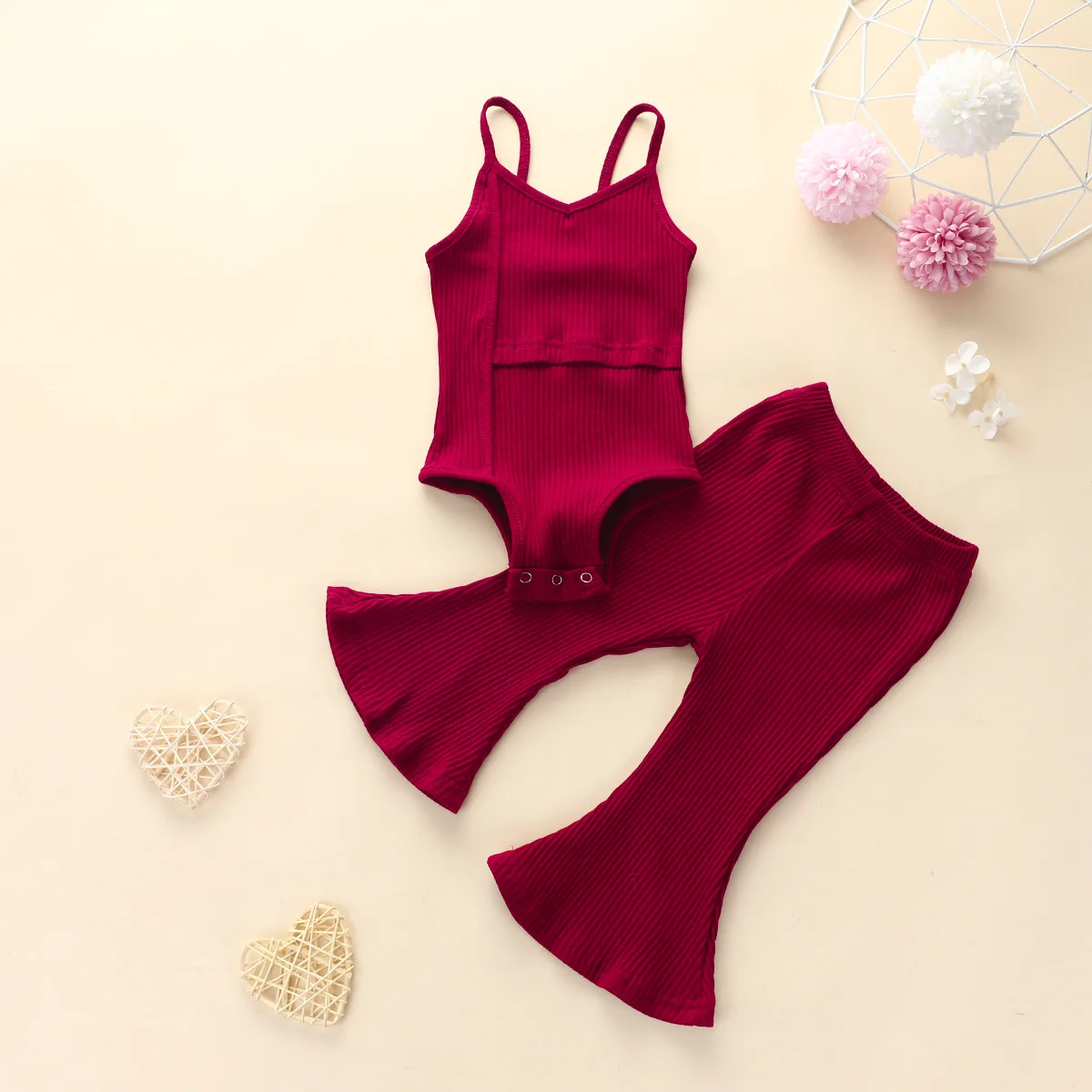  CRS19055 summer Baby girl kids clothing Knitted Solid color vest rompers + flared trousers pants 2pcs set