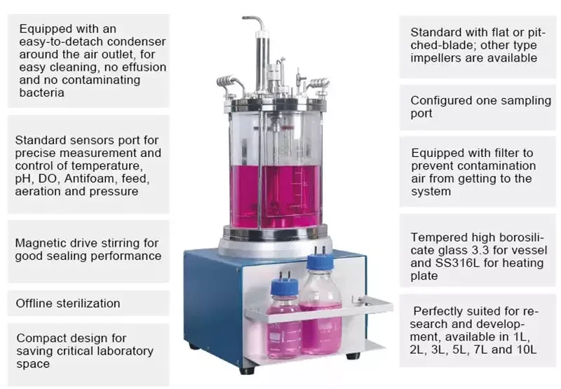 Glass Lab Bioreactor Fermentation Bench Top  Fermentor Lab small mini 1L 2L 3L 5L 7L 10L