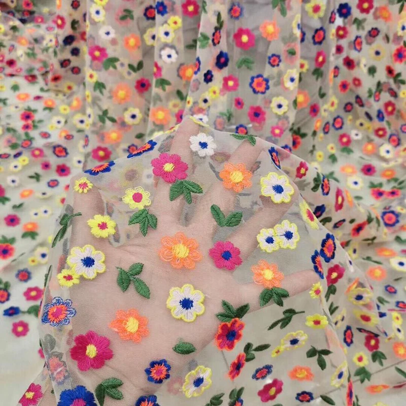 By the Yard Translucent Soft White Cotton Colors Embroidery Small Flower Mesh Lace Fabric for Dress 150cm Width