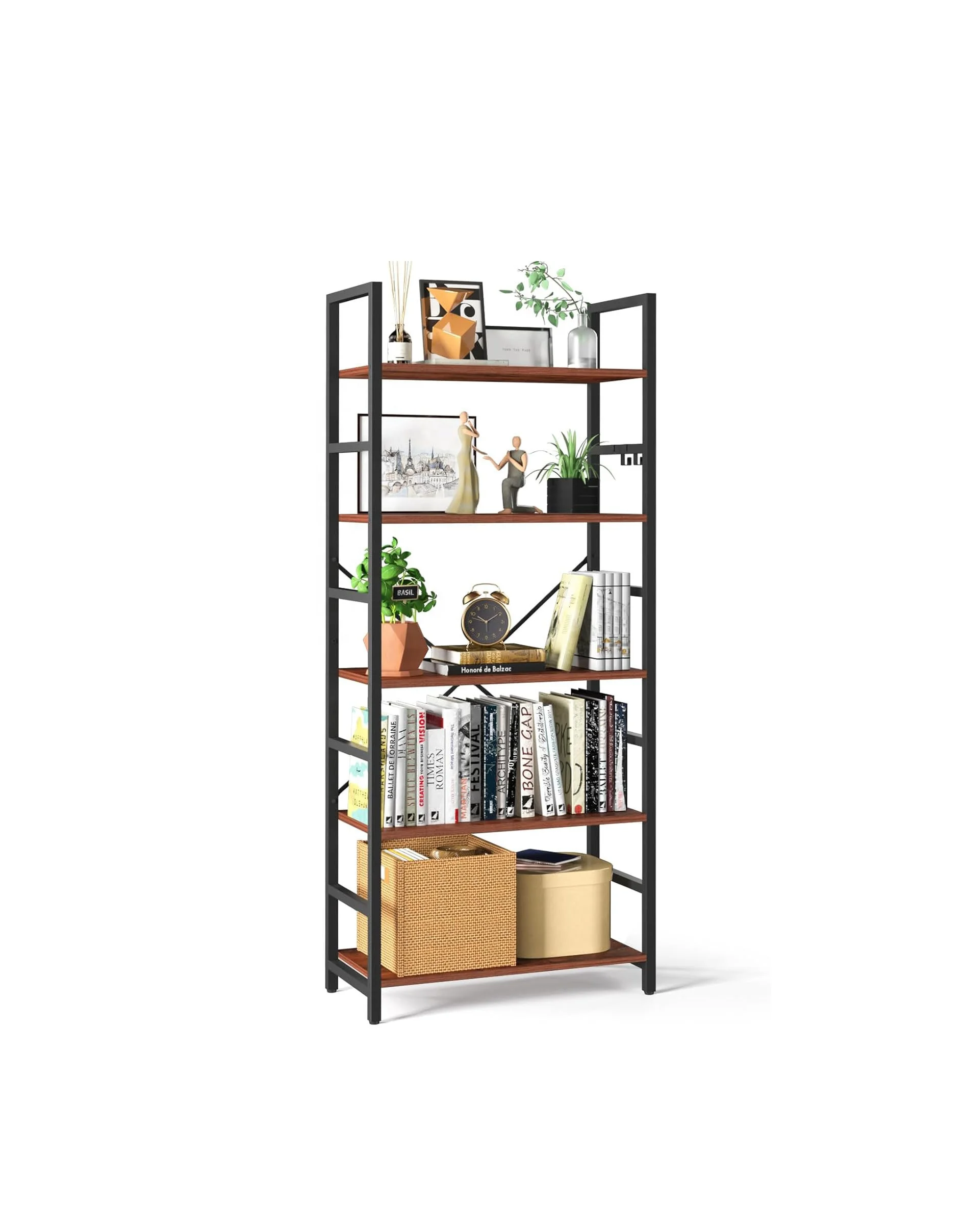 Tall Book Shelf Modern Bookcase for CDs/Movies/Books, Rustic Book Case Industrial Bookshelves Book Storage Organizer