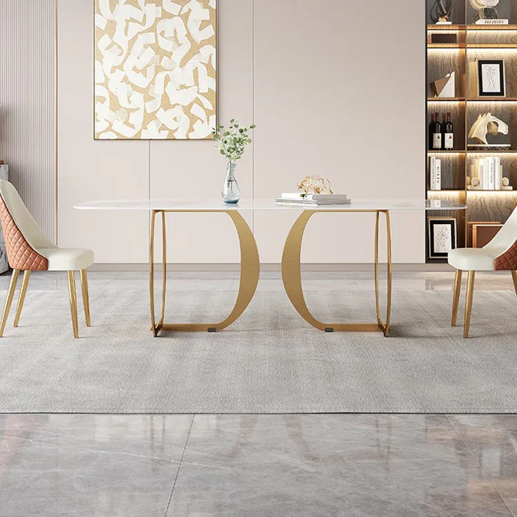 Living Room Sintered Stone D Shape Dinner Table Set Pvd Coated Furniture Gold Stainless Steel  Dinning Table