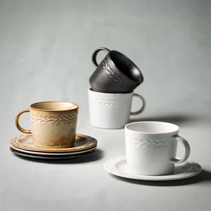 Japanese Style Vintage Retro Clay Tea Mug Espresso Cups Ceramic Coaster Pottery Cappuccino Latte Coffee Cup and Saucer Set